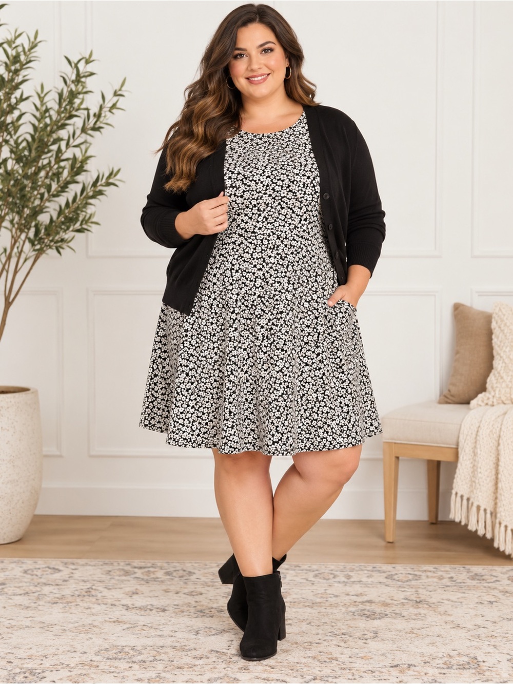 Black & White Floral Fit-and-Flare Dress